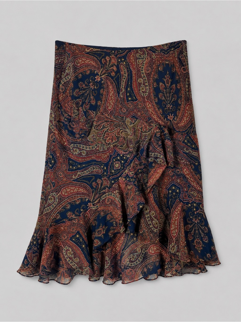 Chaps Paisley Ruffle Midi Skirt Large Boho Tiered Ruffle Flowy Romantic